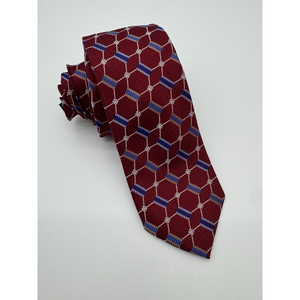 XMI Platinum Silk Tie Red Geometric Pattern Blue Gold Classic Men's Necktie